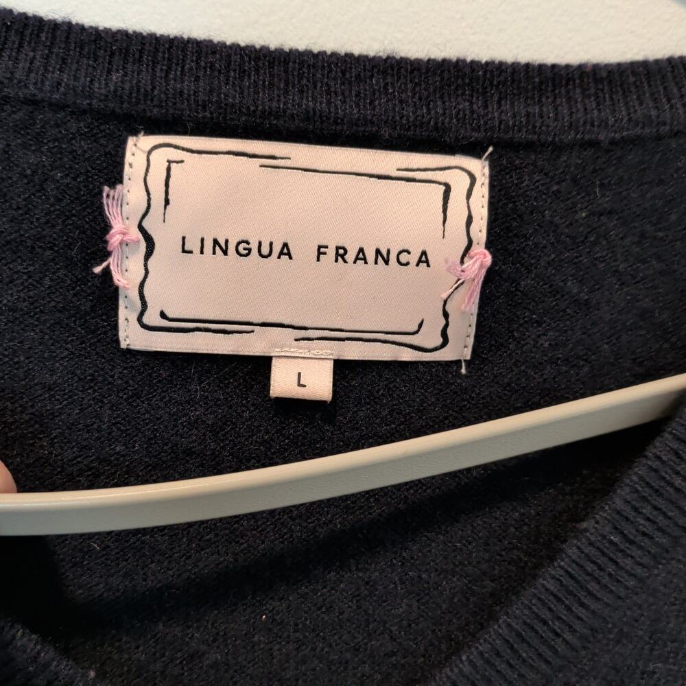 Lingua Franca Sz L 100% Cashmere Embroidered Truly Gifted Navy Sweater V Neck - Picture 4 of 6